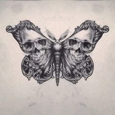 a drawing of a butterfly with two skulls on it's wings and an intricate design