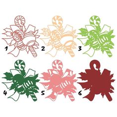 four different colored bows and candy canes on a white background with the number six