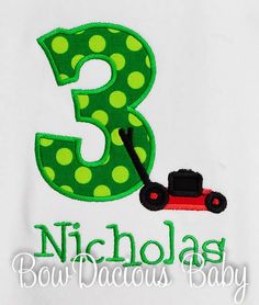 a green and white birthday shirt with the number three on it's chest, featuring a lawn mower