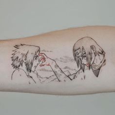 an arm tattoo with two anime characters on it, one holding the other's hand