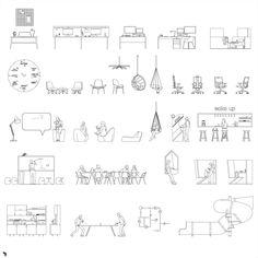 an image of various furniture and chairs in the same drawing style, all drawn by hand