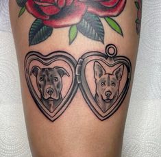 two dogs in heart shaped frames with roses on the back of their legs, one is black and white