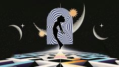 a woman standing on top of a geometric floor in front of the moon and stars