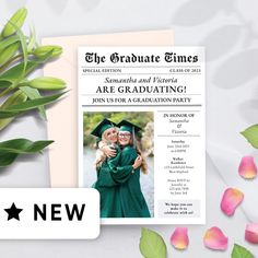 the graduate times graduation announcement is displayed next to some flowers and greenery on a white background