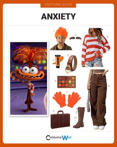 the costume guide for an animated character is shown in orange and white striped shirt, brown pants