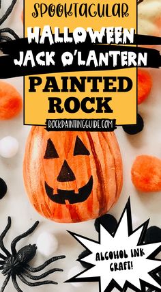 halloween jack o lantern painted rock with text overlay