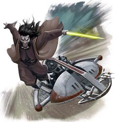 a star wars character riding on the back of a motorcycle with a light saber in his hand