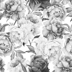 black and white floral pattern with large flowers on the left hand side, in full bloom