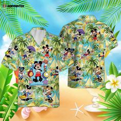 Mickey Aloha Button Up Shirt, Summer Disney Hawaiian Shirt, For Men Women Summer Vacation Tops With Character Print, Disney Themed Short Sleeve Shirt, Disney Trips Character Print Short Sleeve Shirt, Short Sleeve Shirt With Character Print For Disney Trips, Summer Cartoon Print Shirt For Disney Fan Events, Mickey Mouse Tops For Disney Trips In Summer, Mickey Mouse Shirt For Disney Fan Events In Summer, Graphic Print Shirt For Disney Trips In Summer, Disney Cartoon Print Summer Shirt