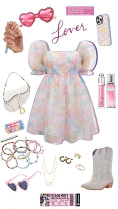 a woman's clothing and accessories including sunglasses, bracelets, lipstick, handbag