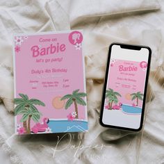 a pink birthday party card next to an iphone on a white bed with palm trees