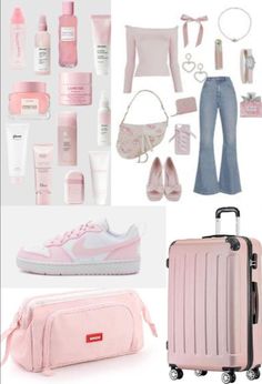 the contents of a woman's pink travel bag