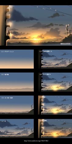 the sun is setting over some hills with power lines in the foreground and clouds in the background