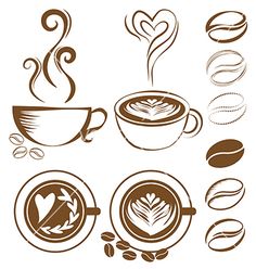 coffee cups and saucers with swirls, hearts and leaves on white background - coffee cup stock illustrations