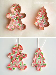 three different pictures of christmas ornaments made from cookie tins and candy canes, one is