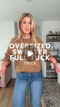 Leanne Barlow | Style Inspo on Instagram: "Comment LINK and I’ll DM you my outfit info!   I love the look of a full tuck sweater in high rise jeans, but tucking it up into my bra isn’t always practical - here is a simple alternative to getting a full tuck without too much bulk in the front.   MORE WAYS TO SHOP:  1️⃣ Leave a comment with the word LINK and I’ll send you an instagram direct message with the link 2️⃣ Find the links in my stories for 24 hours 3️⃣ Click the link in my bio 4️⃣ My DEC REELS highlight 5️⃣ Follow me in the @shop.LTK app - I’m @leannebarlow there  #outfitinspo #outfittip #fulltuck" Button Up With Sweater Outfit, Sweater Jean Outfit, Tuck A Sweater Into Jeans, How To Front Tuck A Sweater, Tucking Sweaters Into Jeans, How To Tuck A Sweater, How To Tuck In Oversized Sweater, Tucked In Sweater Outfit, Over Size Sweaters Outfit