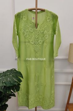 Description ▪ Kurti Fabric: Chanderi ▪ Kurti Length: 44 Inches ▪ Sleeves: 3/4 Sleeves ▪ Style: Straight Kurti ▪ Occasions: Party Wear, Office Wear, Festive Wear ▪ Garment Care: Hand Wash Only ▪ Price Includes: 1x Kurti Green Lace Work Sets For Spring, Green Chikankari Embroidery Dupatta For Summer, Green Chikankari Embroidered Dupatta For Summer, Designer Green Lace Sets, Bohemian Green Salwar Kameez With Chikankari Embroidery, Festive Green Kurta With Lace Work, Green Kurta With Chikankari Embroidery In Georgette, Festive Semi-stitched Cutwork Kurta, Green Georgette Kurta For Summer