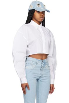 White Archer Shirt by 032c on Sale Long Sleeve Poplin Tops With Button Closure, Casual Long Sleeve Poplin Top, Collared Poplin Tops With Button Closure, Relaxed Fit Poplin Tops With Button Cuffs, Collared Poplin Top With Button Closure, Spring Collared Shirt With Blouson Sleeves, Spring Cotton Shirt With Blouson Sleeves, Cotton Cropped Shirt With Button Cuffs For Spring, Summer Long Sleeve Poplin Shirt