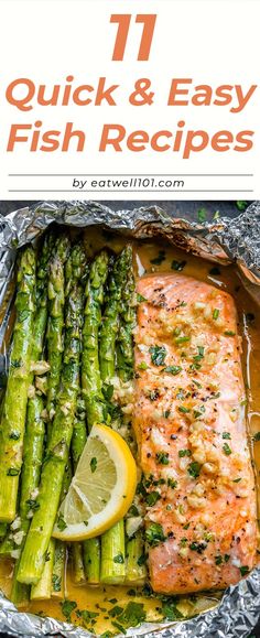 salmon and asparagus in foil with lemon on the side