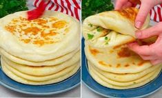 the process of making pancakes is being performed on a blue plate with red and white striped napkins