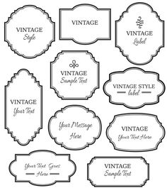 a set of nine vintage style labels for different types of items, including frames and numbers