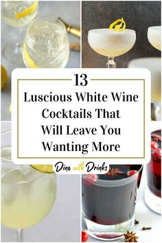 Collage of 4 white wine cocktails. Cocktail With Wine, Cocktails With White Wine, Drinks With White Wine, White Wine Drinks Cocktails, Wine Cocktails No Liquor, Ice Wine Cocktails, White Wine Mixed Drinks, White Wine Drink Recipes, Riesling Wine Cocktails