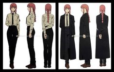 three different views of an anime character with long red hair and black pants, standing next to each other