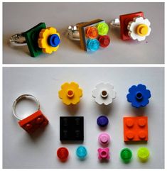 there are many different lego pieces on the table and one has a flower in it