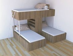 the bunk bed is made from wood and has white mattresses