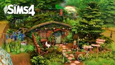 an animated image of a small house surrounded by trees and plants with the words sims4 above it