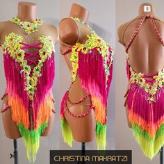 three mannequins with different colors and designs on them, one in the shape of a belly dance costume