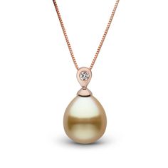 This Dew Collection drop golden South Sea pearl and diamond pendant guarantees that you‚Äôll stand out from the crowd. First of all, let‚Äôs state the rarity of naturally-golden pearls: only 0.01% of the world‚Äôs cultured pearls grow naturally this color. The color itself is a conversation starter. Now add the pearl drop shape, which shatters conventional notions of the bulky, white, round pearls. Tahitian Pearl Pendant, Pearl Jewelry Design, Diamond Pen, Golden South Sea Pearls, Pearl Necklace Designs, Gold Rope Chains, Jewelry Appraisal, Pearl Jewelry Necklace, Gold Box