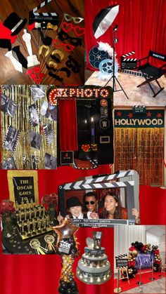 a collage of photos and props for a movie themed birthday party with red curtains