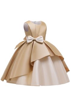 Girl dress Princess Sleeveless Dress For Banquet, Princess Style Sleeveless Banquet Dress, Elegant Sleeveless Dress For Pageant, Gold Sleeveless Ball Gown For Party, Princess Dress With Bow For Prom, Gold Party Dress With Bow, Sleeveless Gold Princess Dress For Wedding, Gold Sleeveless Princess Dress For Wedding, Princess Style Sleeveless Gold Dress