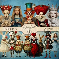 a collage of alice and the wonderland tea party characters, all dressed up in costumes