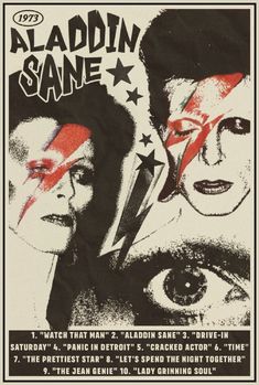 Vintage Posters David Bowie, Aladdin Sane Poster, David Bowie Wall Art, David Bowie Print, David Bowie Poster Vintage, Rockstar Poster Design, David Bowie Poster Prints, 70s Rock Posters, 1970s Poster Design