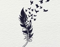 a black and white drawing of a feather with birds flying in the sky above it