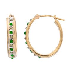 Diamond accents and emerald gemstones add the perfect sparkling touch to these remarkable Diamond Fascination 14k gold hoop earrings. Click on this JEWELRY & WATCHES GUIDE to learn about fit, styles, materials and more! Diamond accents and emerald gemstones add the perfect sparkling touch to these remarkable Diamond Fascination 14k gold hoop earrings. Click on this JEWELRY & WATCHES GUIDE to learn about fit, styles, materials and more! FEATURES Size: 14 mm x 12 mm Total weight: 1.14 grams Backin Green 14k Gold Hoop Earrings, Fine Jewelry Green Channel Set, Fine Jewelry With Channel Set Green Stones, Fine Green Jewelry With Channel Set, Green Channel Set Fine Jewelry, Gold Emerald Jewelry With Channel Set, Hoop Earrings For Anniversary With May Birthstone, Elegant Emerald Jewelry With Channel Set, Elegant Small Hoop Birthstone Jewelry