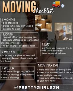 moving checklist with pictures and instructions to move into a new house or apartment in the next few days