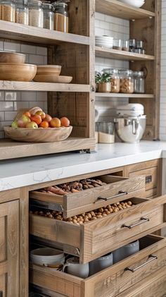 an open drawer in a kitchen filled with lots of drawers and food on top of it