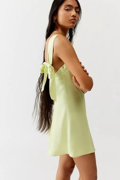 UO Bri Double Bow Satin Mini Dress | Urban Outfitters Yellow Mini Dress, Yellow Fits, Double Bow, Green Mini Dress, Urban Dresses, Satin Mini Dress, Hoco Dresses, Dress Sleeveless, Dress With Bow