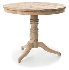 an old wooden table with two legs and a round top, on a white background