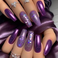 Purple Gel Nails Designs, Purple Bling Nails Rhinestones, Two Tone Purple Nails, Purple And Silver Nails Designs, Pink And Purple Nails Acrylic, Purple Prom Nails Acrylics, Quince Nails Purple, Purple Glitter Nails Acrylic, Dark Purple And Silver Nails