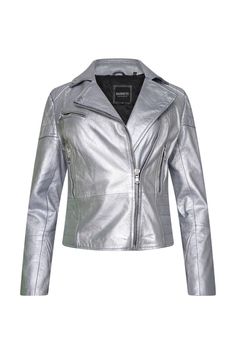 Barneys Originals are bringing back real partywear! This classic leather jacket now comes in a unique silver foiling that shines from every angle. The iconic Barneys Originals Clara jacket features an asymmetric zipine and ribbed detailing on the waist and shoulders. Classic Leather Jacket, Petite Jumpsuit, Petite Coat, Tall Clothing, Puff Sleeve Dresses, Tshirt Skirt, Petite Tops, Leather Biker Jacket, Fit N Flare Dress