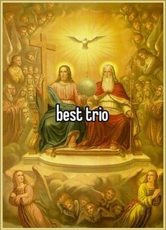 an image of jesus sitting on top of a statue with the words best trio above it