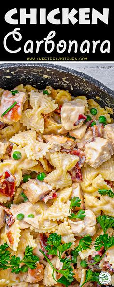 chicken and pasta casserole in a skillet with parsley on the side