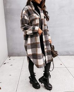 Gray and Brown Checkered Button Design Long Sleeve Shacket. Streetwear Shirts, Long Coat Jacket, Womens Jackets Casual, Women Overcoat, Retro Streetwear, Casual Outerwear, Plaid Coat, Woolen Coat, Casual Coat