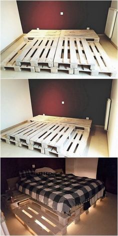 there are two pictures of a bed made out of pallets