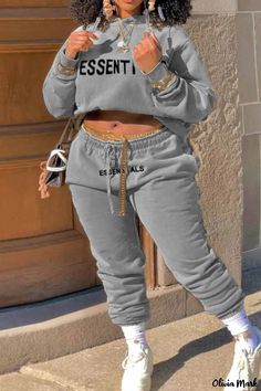 Olivia Mark - Sportswear Print Letter Hooded Collar Long Sleeve Two-Piece Set in Dark Gray Grey Two Piece, Long Sleeve Suit, Red Two Piece, Plus Size Two Piece, Two Piece Pants Set, Casual Sportswear, Loose Outfit, Casual Sets, Long Sleeve Casual