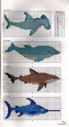 cross stitch fish chart with different colors and patterns on it's side, including one blue